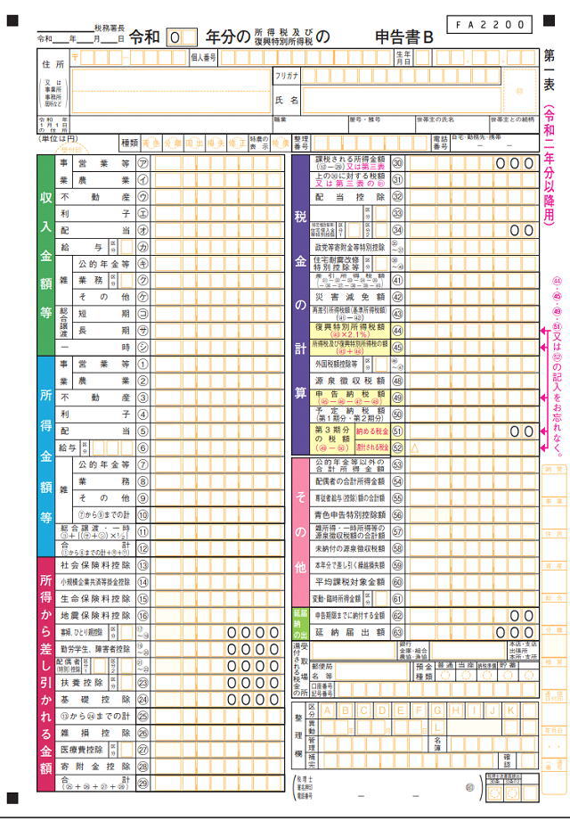 確定申告書B「第一表」